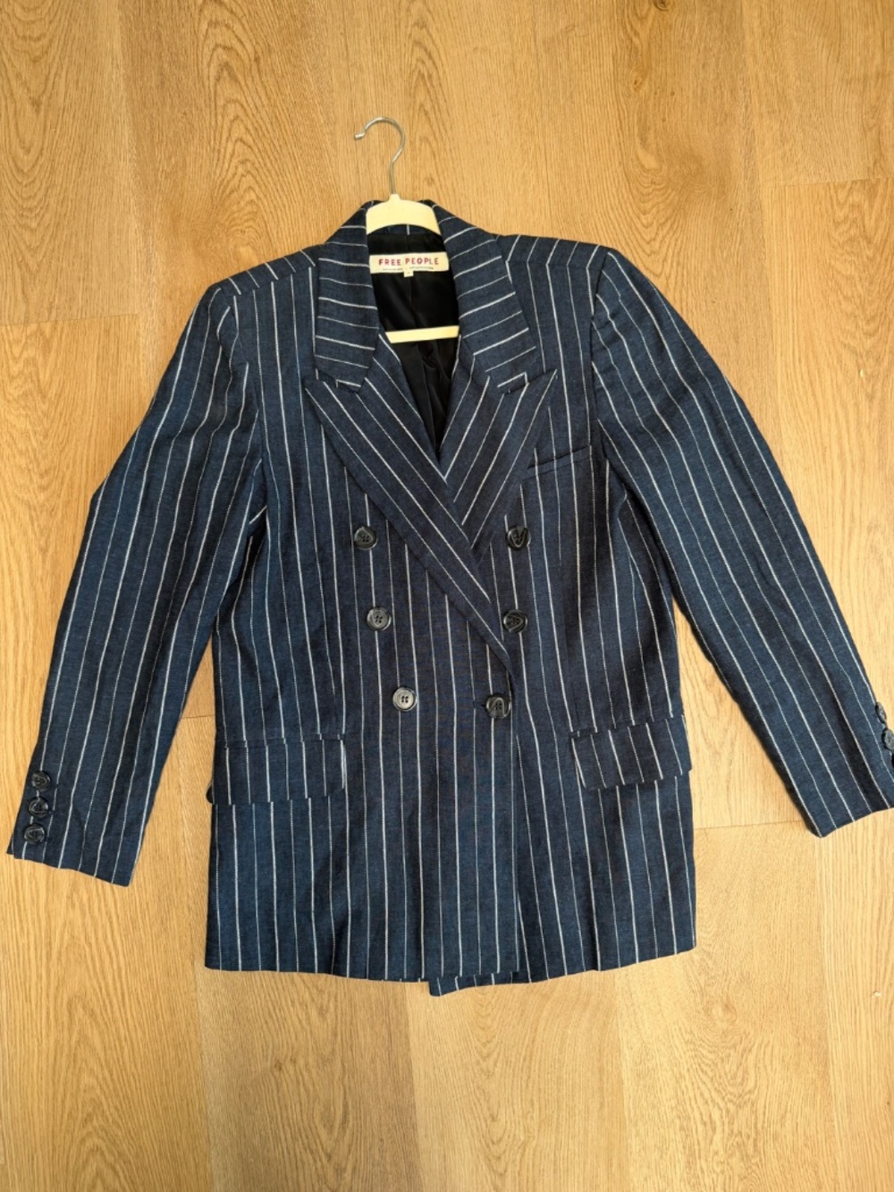 FREE PEOPLE Navy and White Pinstripe Ashby Blazer - Picture 6 of 10